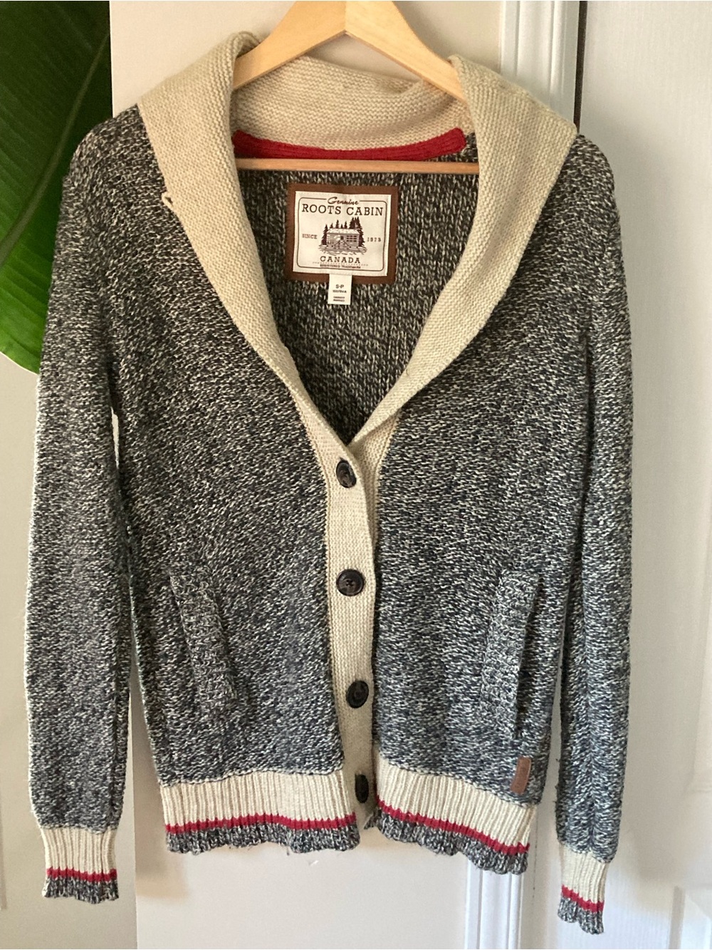 Roots Cabin Shawl-Collar Button Cardigan Sweater - Gray/Cream